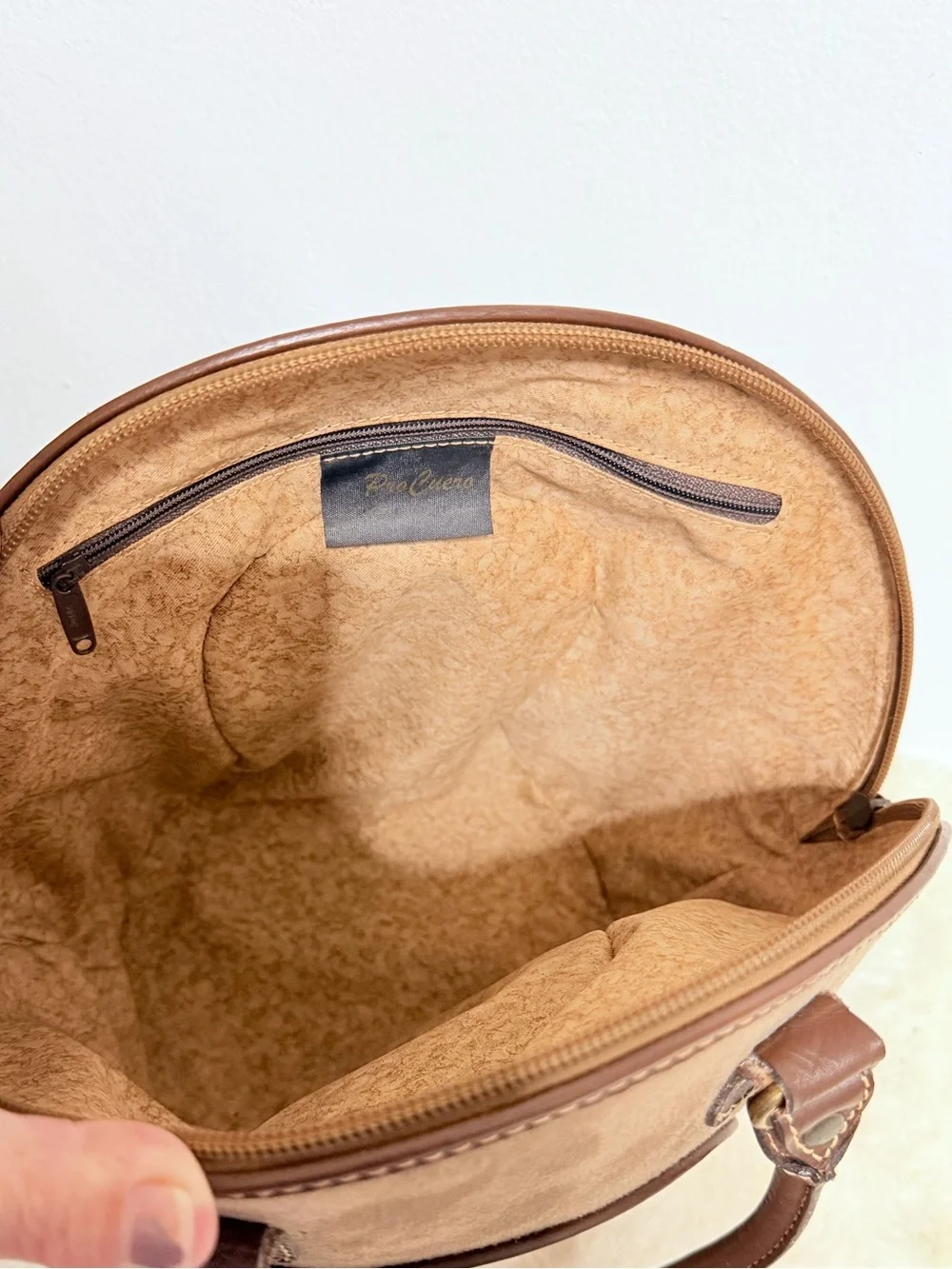 Antigua Beige Suede Dome Handbag with Brown Trim - Classic Women’s Bag